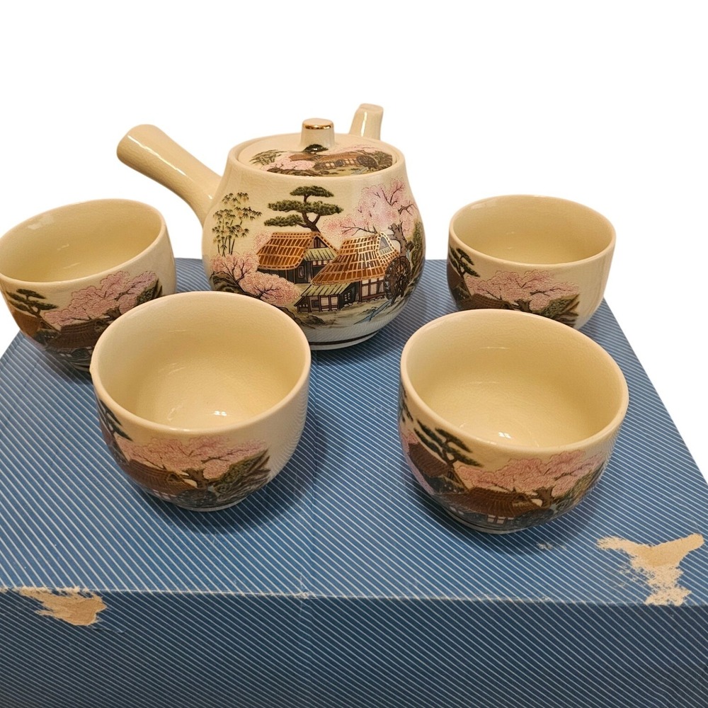 Vintage Japanese Satsuma Style Tea Set Kyusu Teapot 4 Cups Cherry Blossom Scene